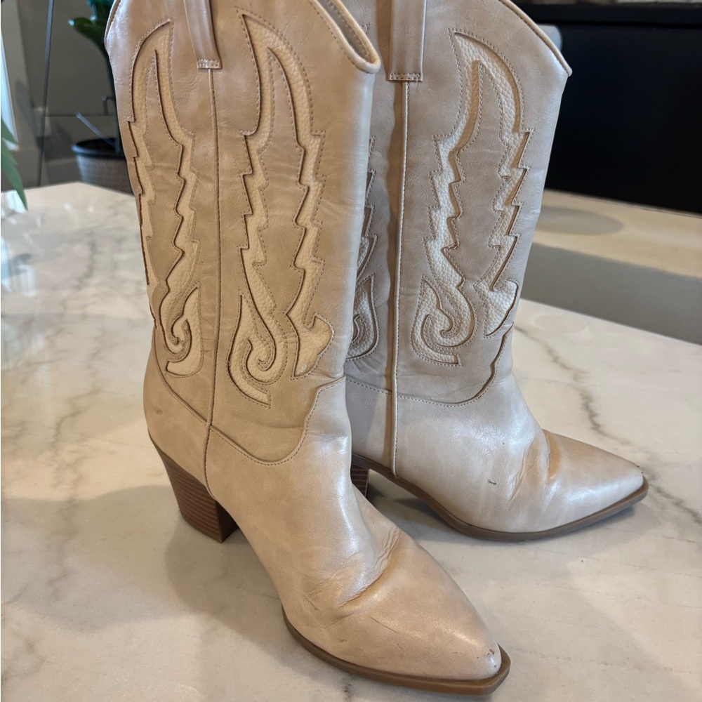 Altar'd State Cream Heeled Boots with Western Flair